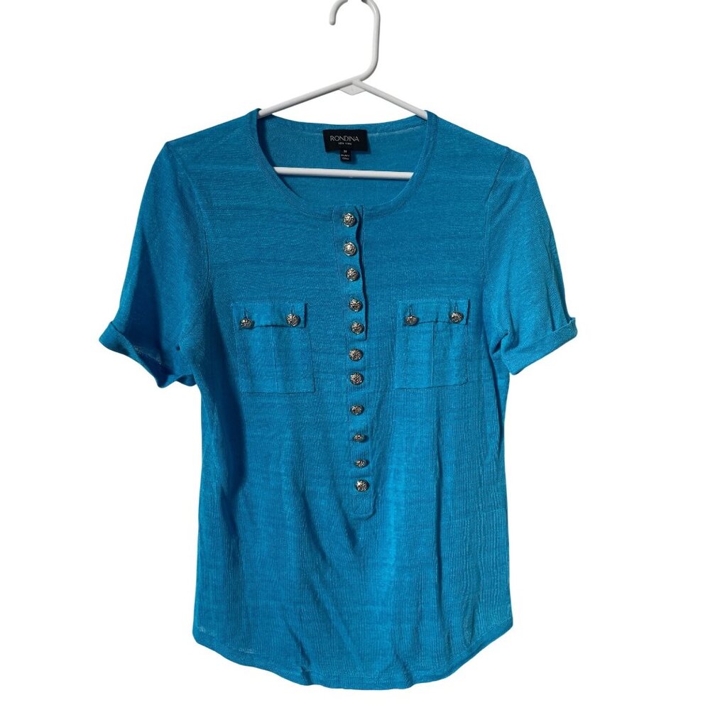 Rondina New York Top Size Medium Crewneck Henley Button Front Linen Blend Blue